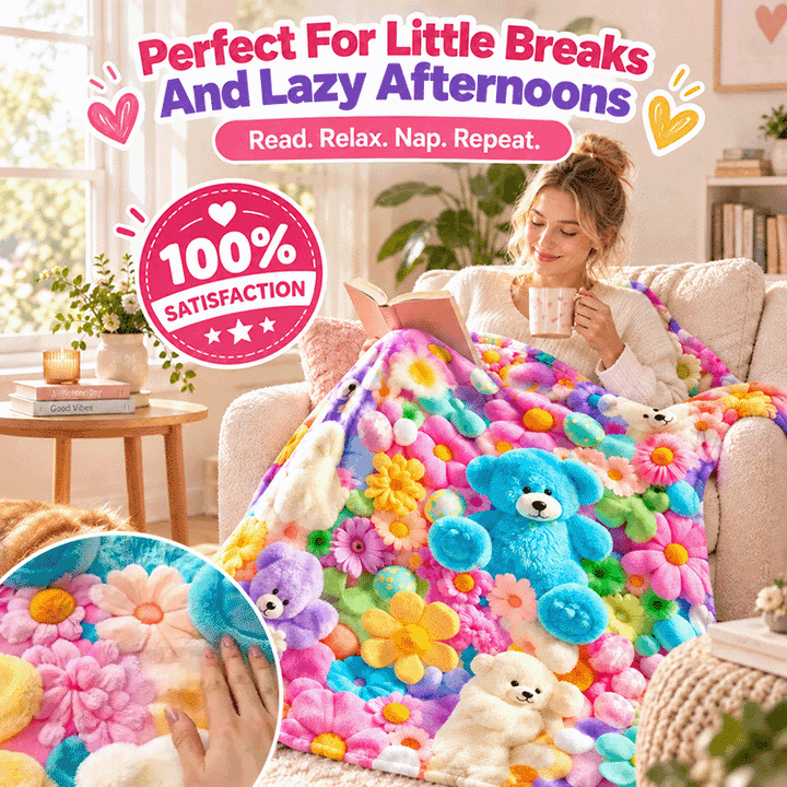 Bunny &amp; Teddy Floral Flannel Throw Blanket – Cozy 4-Size Comfort