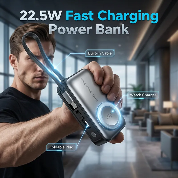 4-in-1 Power Bank with Built-In Cable, Watch Pad &amp; Wall Plug