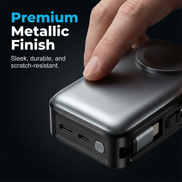 4-in-1 Power Bank with Built-In Cable, Watch Pad &amp; Wall Plug