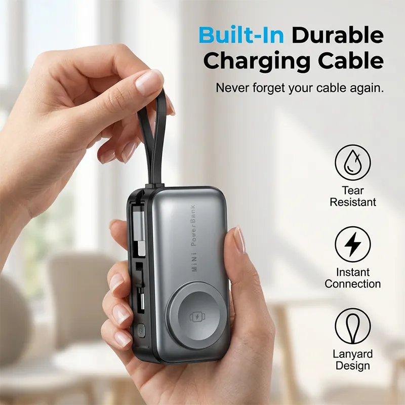 4-in-1 Power Bank with Built-In Cable, Watch Pad &amp; Wall Plug