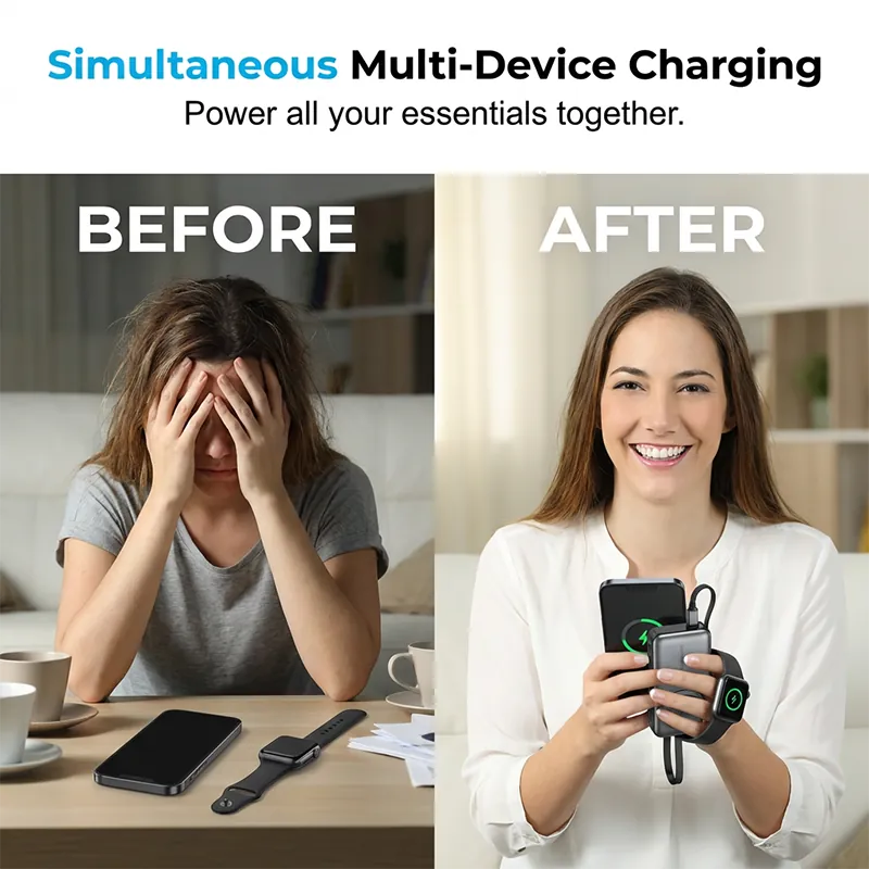 4-in-1 Power Bank with Built-In Cable, Watch Pad &amp; Wall Plug