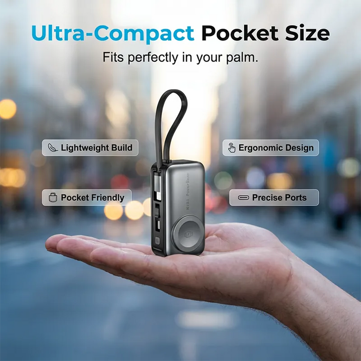 4-in-1 Power Bank with Built-In Cable, Watch Pad &amp; Wall Plug