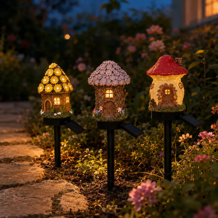 Solar Fairy Cottage Garden Stake Light, Hand-Sculpted Resin, Auto-On Warm LED - DHACTIVE 7