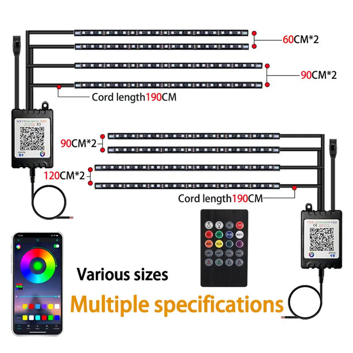 RGB Car Underglow LED Kit, Remote or App Color Control