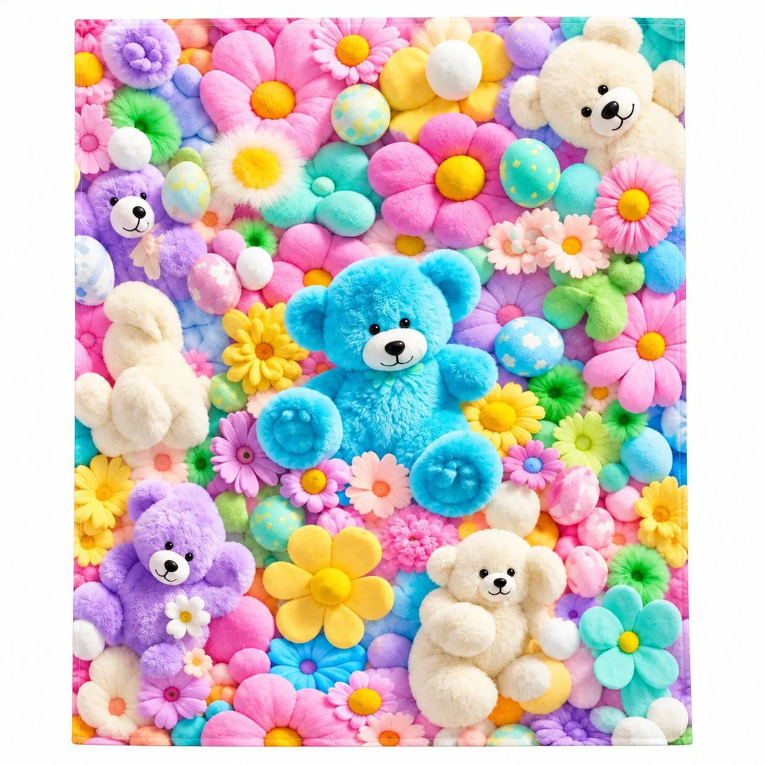 Bunny &amp; Teddy Floral Flannel Throw Blanket – Cozy 4-Size Comfort