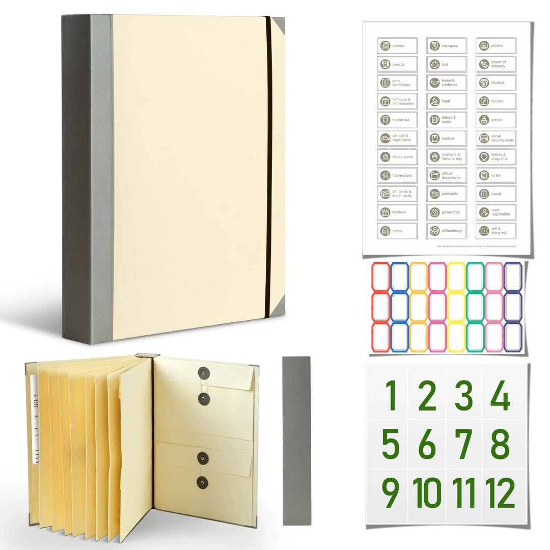 12-Pocket Accordion Document Organizer – Acid-Free, String-Tie Closures, Labels