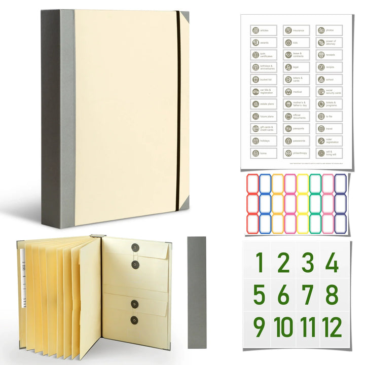 12-Pocket Accordion Document Organizer – Acid-Free, String-Tie Closures, Labels
