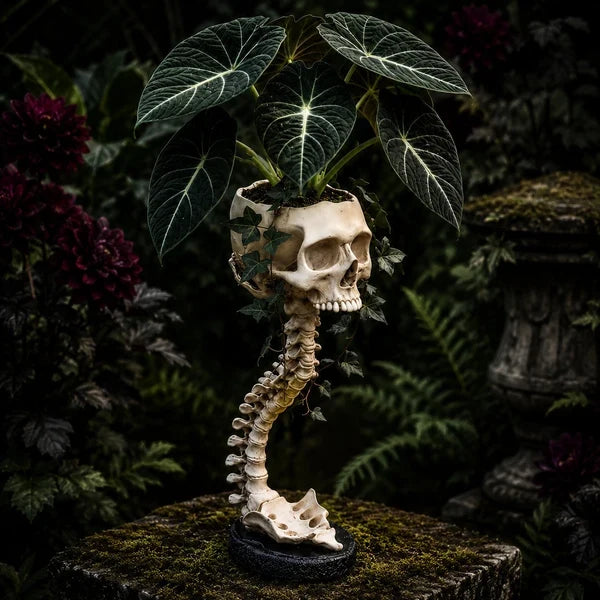 Skull Planter with Stand – Halloween Decor for Shelves