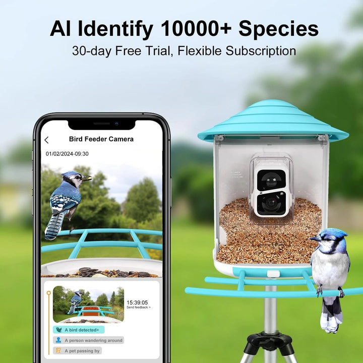 4 in. 1-Blue Smart Bird Feeder 60 oz. with Camera, Solar Panel and 140° View - DHACTIVE 3