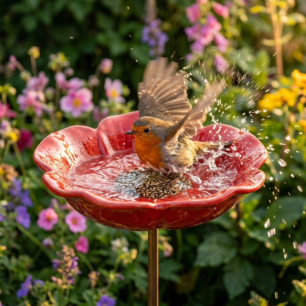 PetalHaven Hand-Formed Poppy Bird Bath – Elegant Garden Stake Decor - DHACTIVE