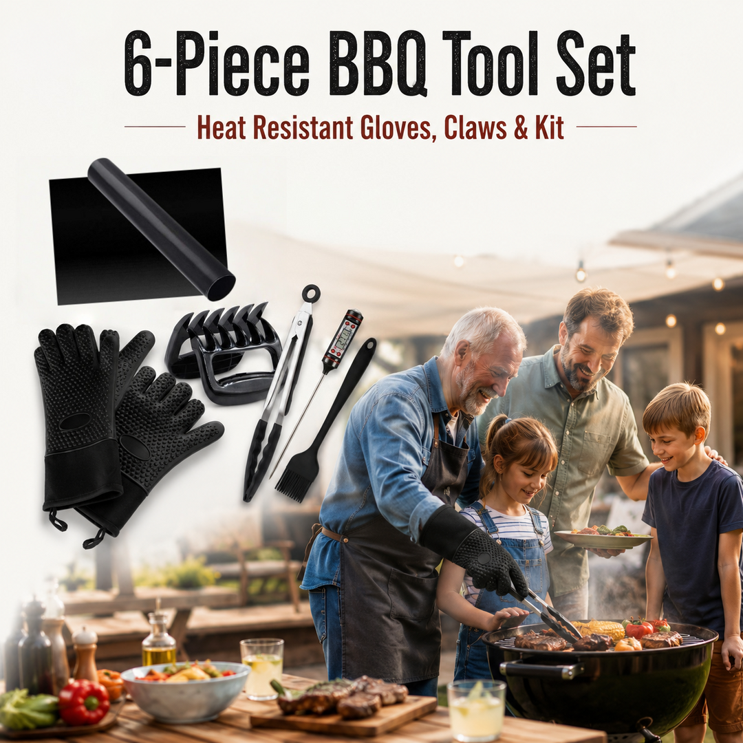 6-Piece BBQ Tool Set – Heat Resistant Gloves, Claws & Kit - DHACTIVE