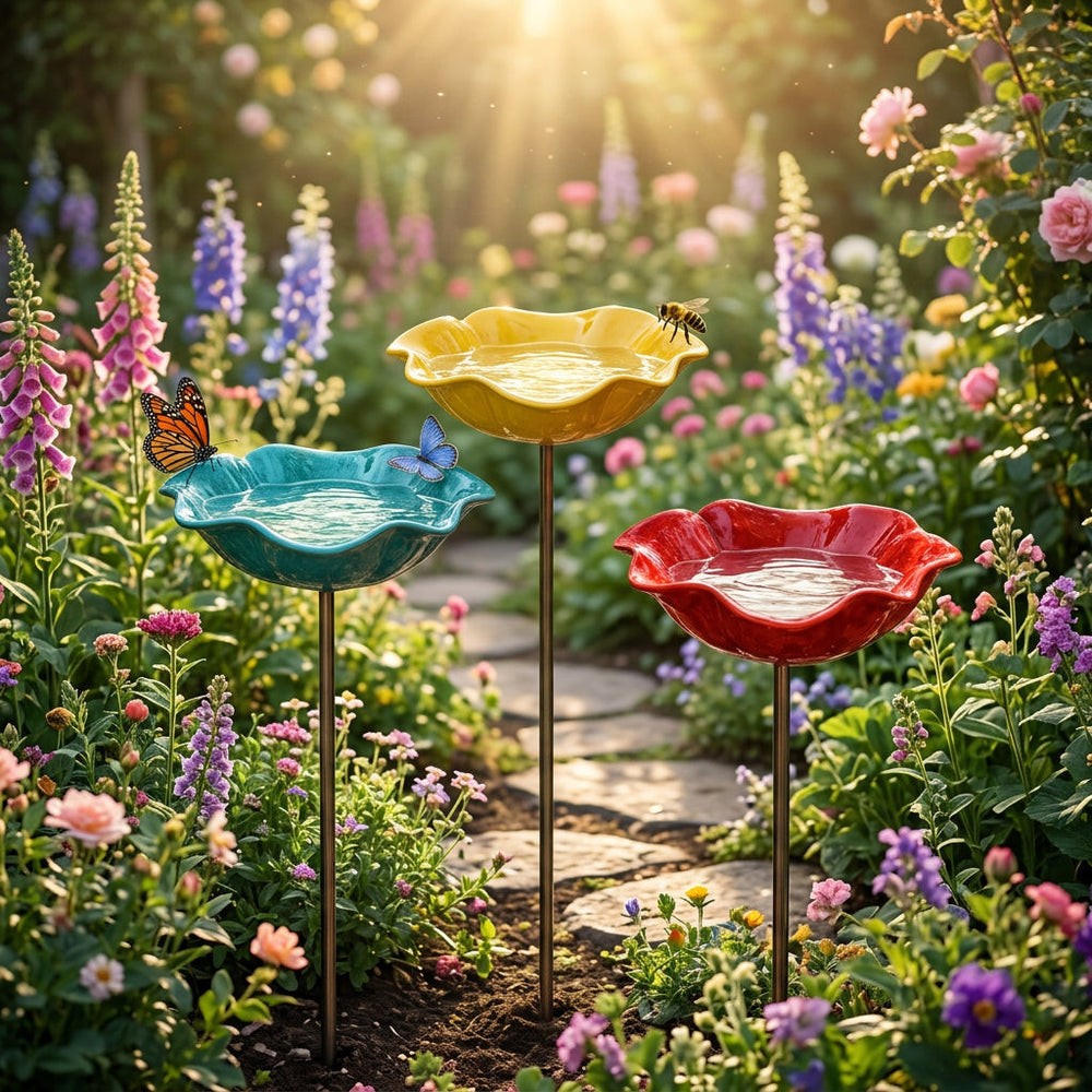 PetalHaven Hand-Formed Poppy Bird Bath – Elegant Garden Stake Decor - DHACTIVE 2