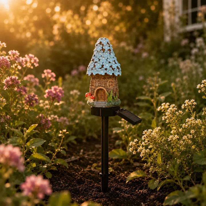 Solar Fairy Cottage Garden Stake Light, Hand-Sculpted Resin, Auto-On Warm LED - DHACTIVE 16
