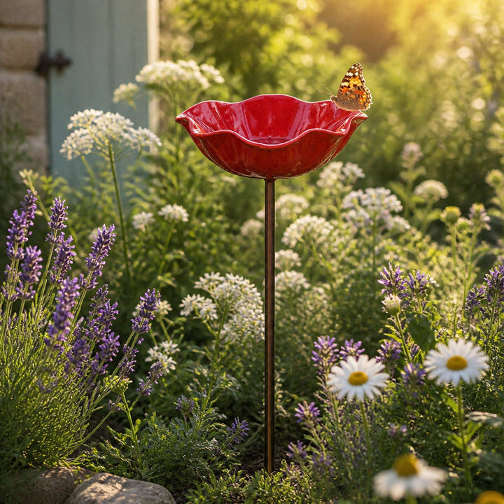 PetalHaven Hand-Formed Poppy Bird Bath – Elegant Garden Stake Decor - DHACTIVE 5