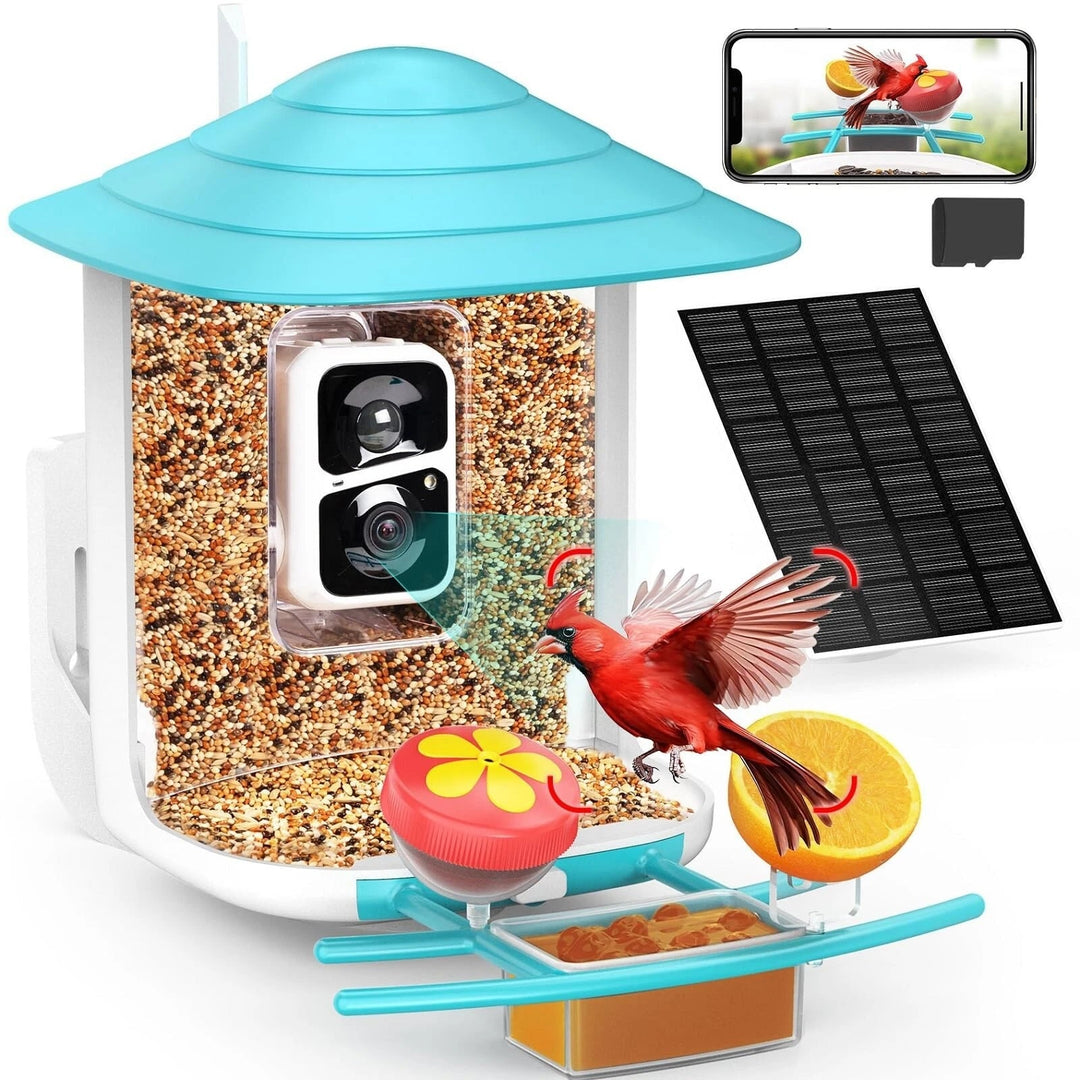 4 in. 1-Blue Smart Bird Feeder 60 oz. with Camera, Solar Panel and 140° View - DHACTIVE 7