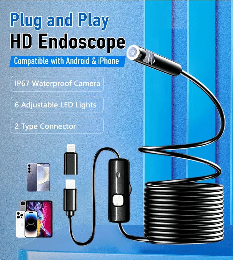 Plug-and-Play Endoscope Camera with Light – HD Inspection for Pipes &amp; Walls