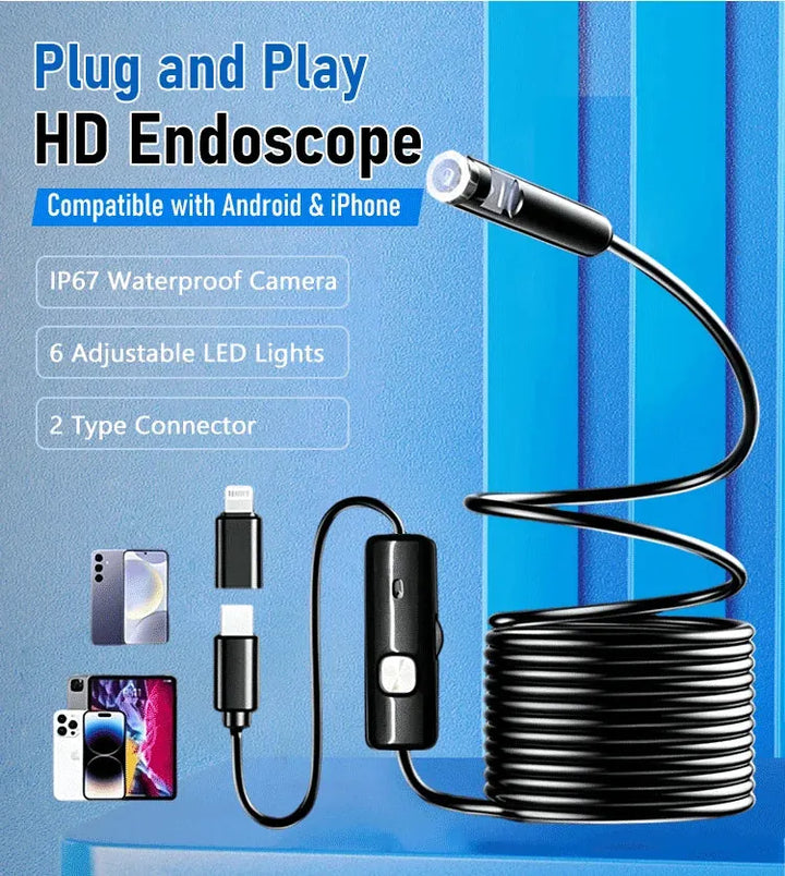 Plug-and-Play Endoscope Camera with Light – HD Inspection for Pipes &amp; Walls