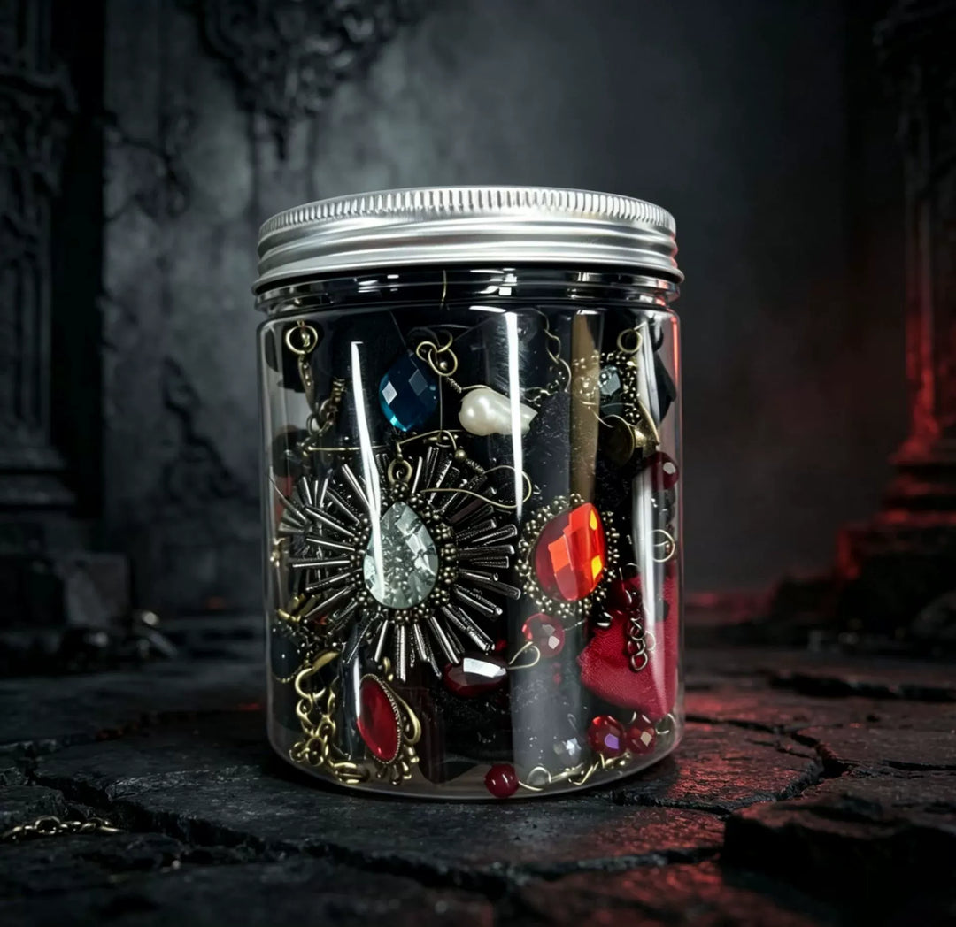 Gothic-themed mystery jewelry jar with decorative jewelry pieces