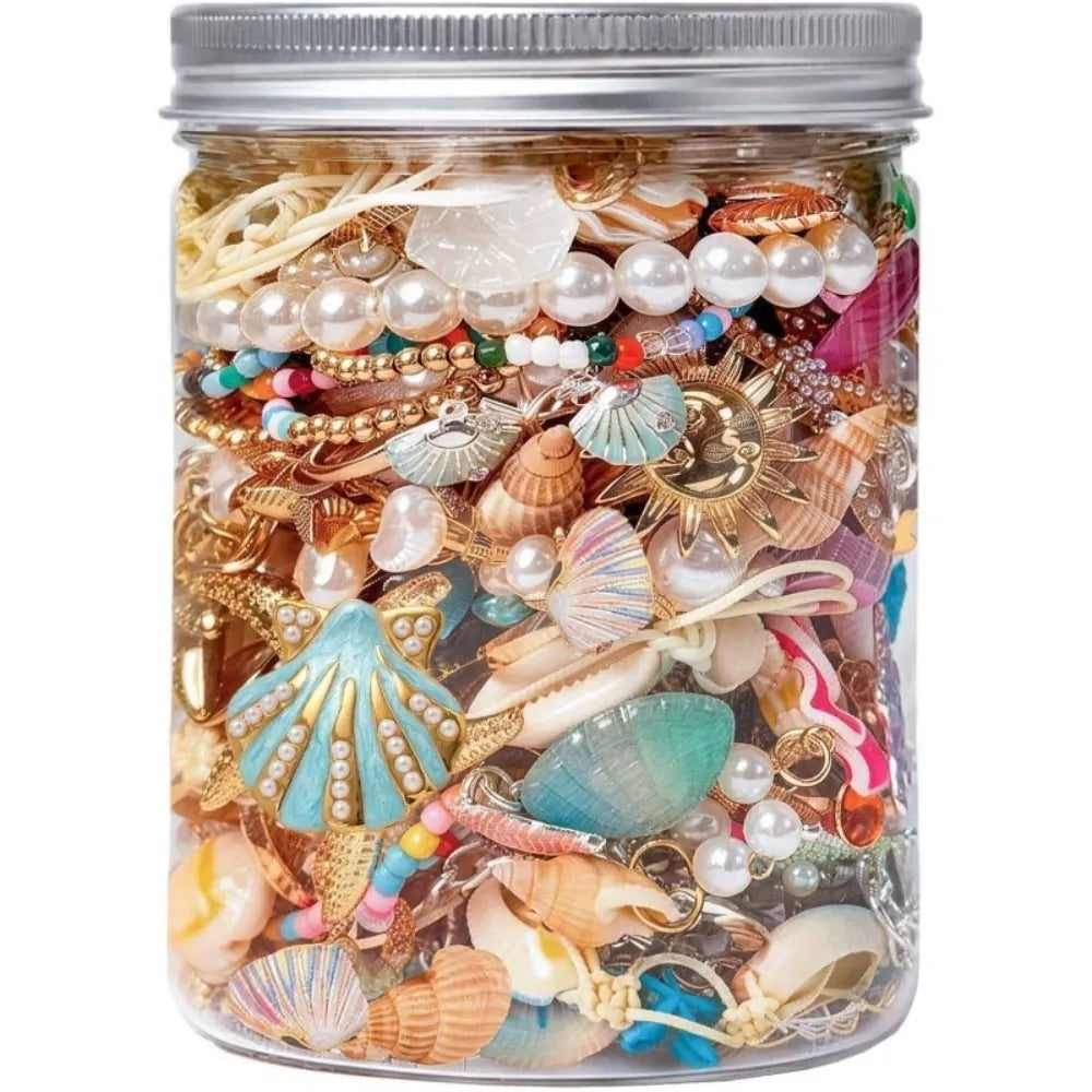 Ocean-themed mystery jewelry jar with shell-inspired and colorful accessories